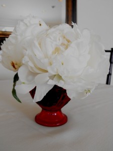 White peony and vintage red candy dish centerpiece