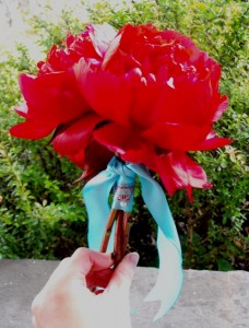 red and aqua peony bridesmaid bouquet