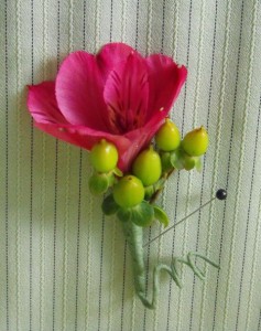Pink Alstromeria and green berry boutonniere 2