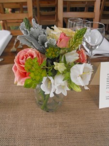 peach rose and cantebury bell centerpiece