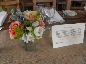 peach rose cantebury bell dusty miller centerpiece