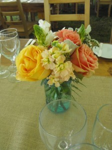 peach stock and garden rose centerpiece