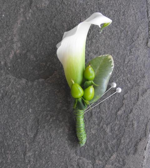 White calla lily green wire wrap boutonniere
