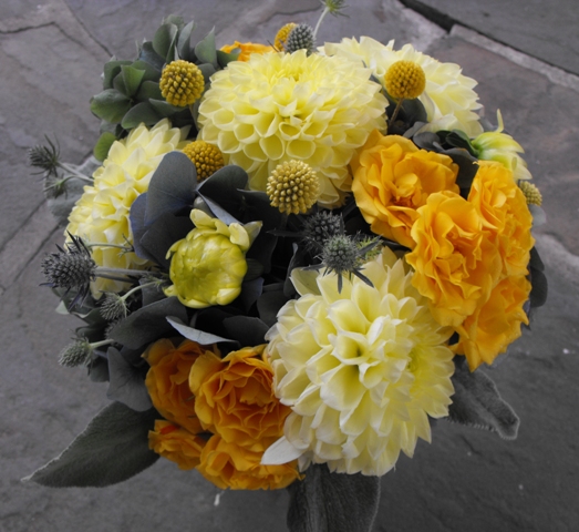 yellow and gray dahlia bridesmaid bouquet
