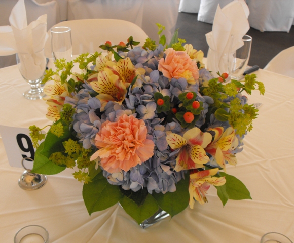 peach and blue lovely centerpiece
