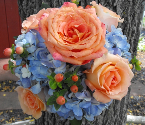 peach rose hydrangea bridesmaids bouquet