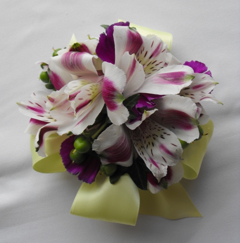 purple alstromeria and carnation corsage