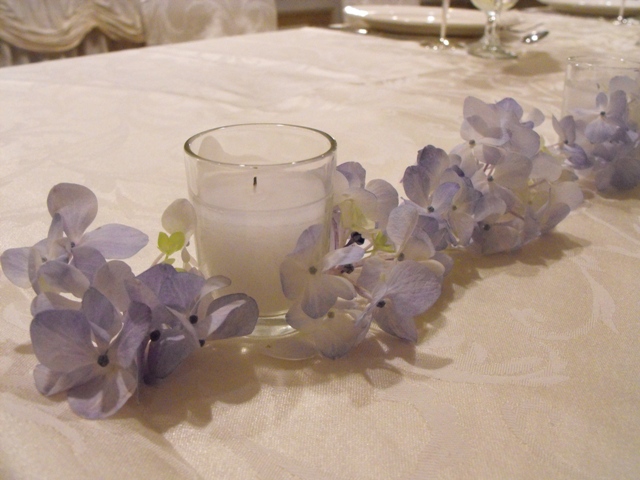 blue hydrangea garland close up