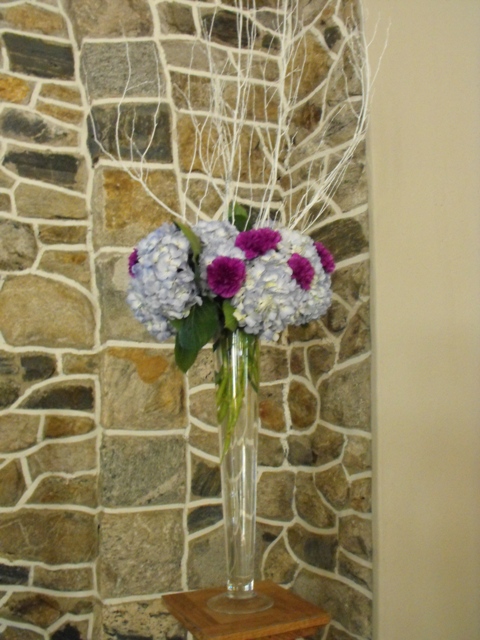 white birch hydrangea and carnation alter arrangement