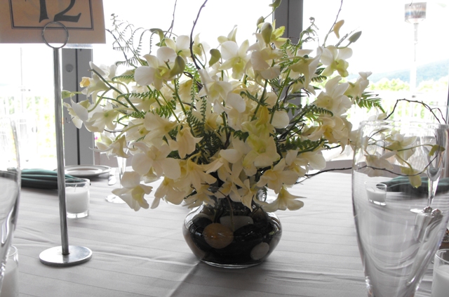 white orchid centerpiece with river rocks